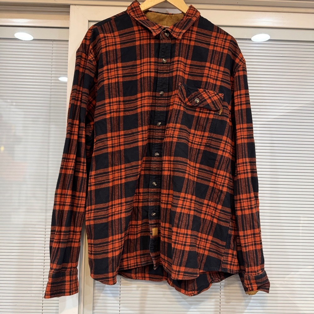 Dubinik Mens 2XL Orange Black Plaid Flannel Shirt Cotton Corduroy Trim Long